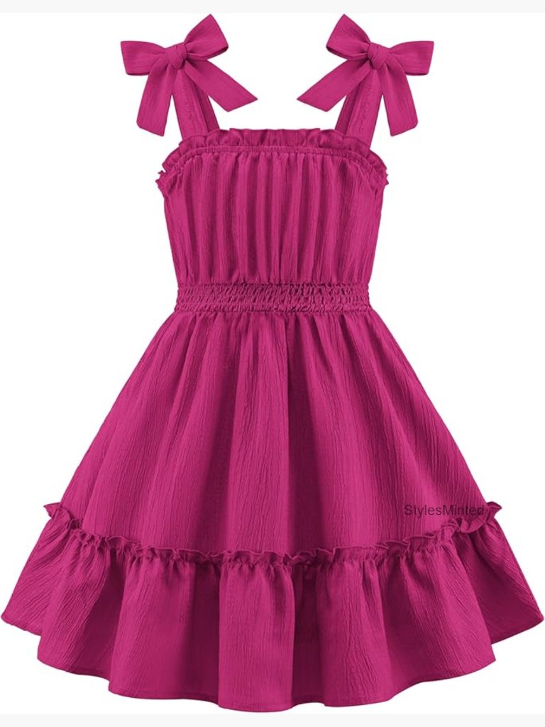 Girls Bow-Tie Straps Sleeveless Flow Ruffle Trim Boho Sundress